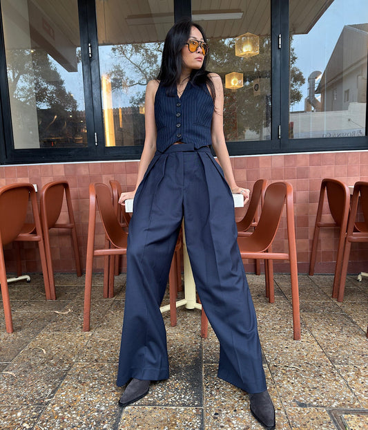 GEORG DOUBLE PLEAT WIDE PANT- NAVY | COURTNEY ZHENG |  COURTNEY ZHENG GEORG PLEAT PANT- NAVY