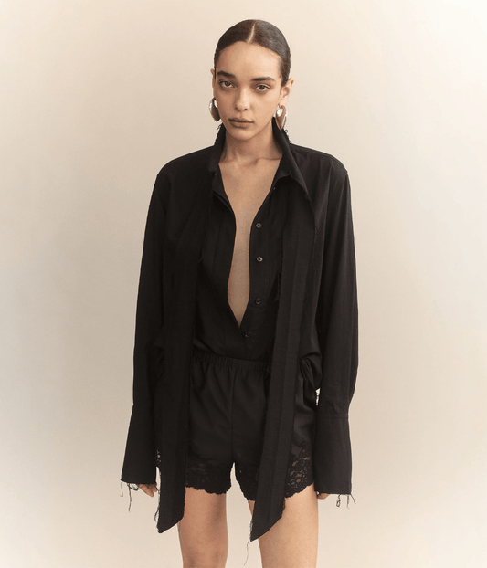 LINUS RAW EDGE COTTON VOILE TIE SHIRT | COURTNEY ZHENG COURTNEY ZHENG LINUS RAW EDGE COTTON VOILE TIE SHIRT