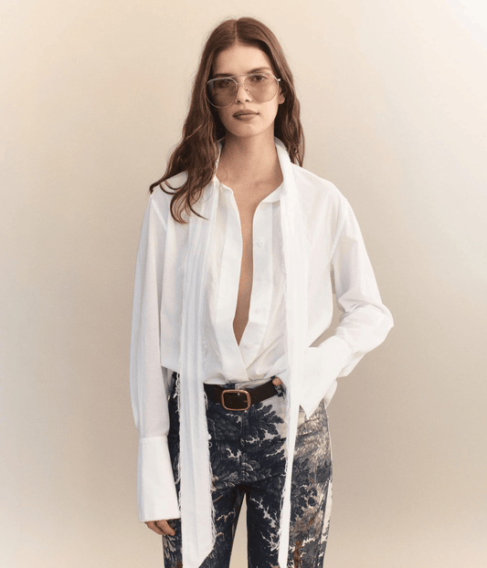 LINUS RAW EDGE COTTON VOILE TIE SHIRT | COURTNEY ZHENG | WHITE COURTNEY ZHENG LINUS RAW EDGE COTTON VOILE TIE SHIRT