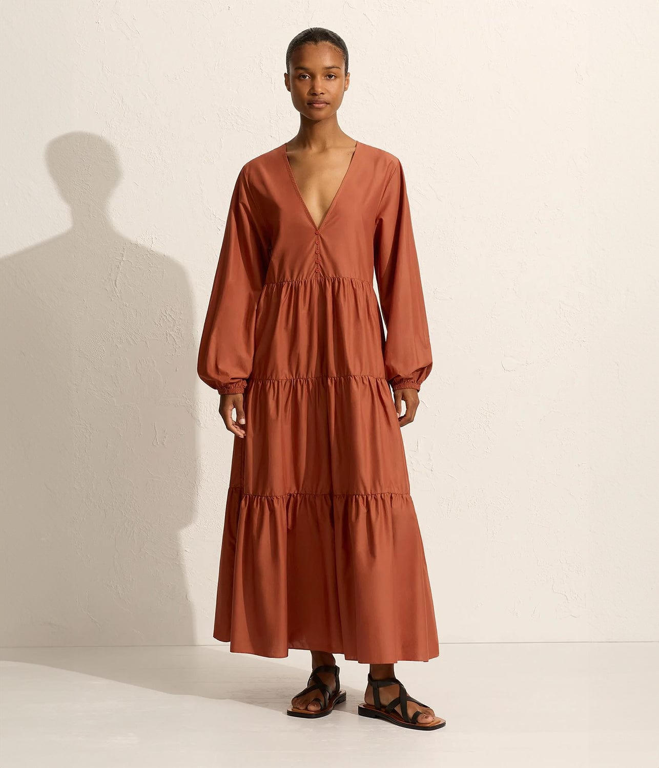 LONG SLEEVE PLUNGE DRESS- SIENNA | MATTEAU |  MATTEAU LONG SLEEVE PLUNGE DRESS- SIENNA