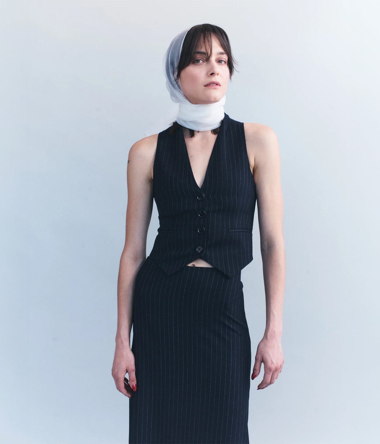 MILA WOOL TAILORED VEST- NAVY PINSTRIPE | COURTNEY ZHENG |  COURTNEY ZHENG MILA TAILORED VEST- NAVY