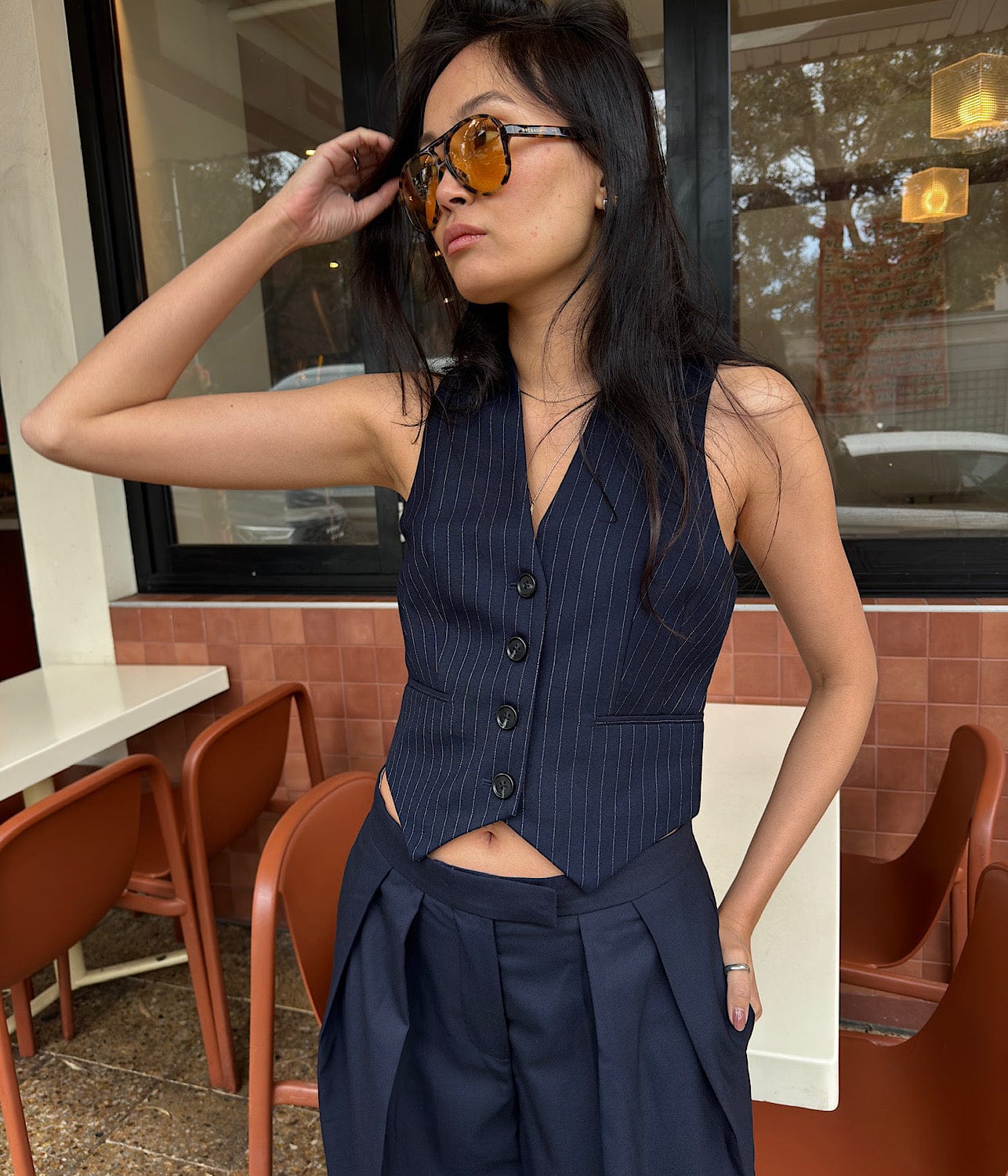 MILA WOOL TAILORED VEST- NAVY PINSTRIPE | COURTNEY ZHENG |  COURTNEY ZHENG MILA TAILORED VEST- NAVY