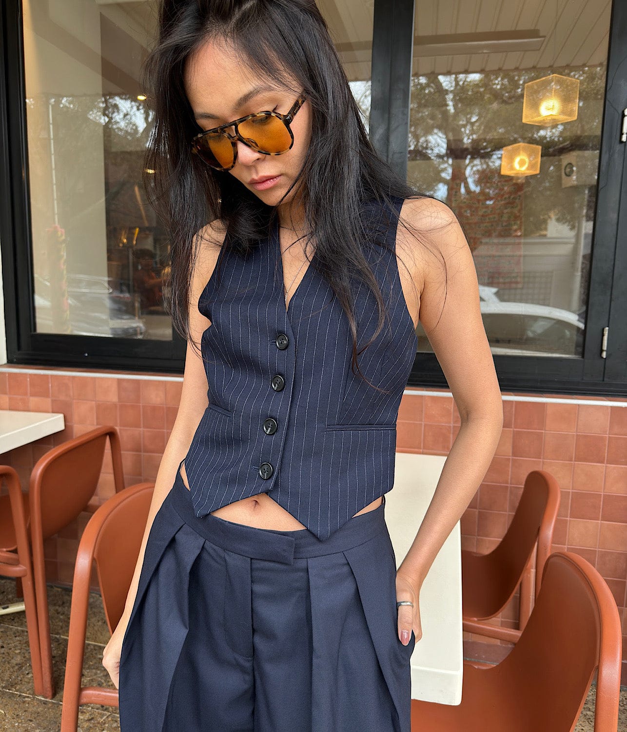 MILA WOOL TAILORED VEST- NAVY PINSTRIPE | COURTNEY ZHENG |  COURTNEY ZHENG MILA TAILORED VEST- NAVY