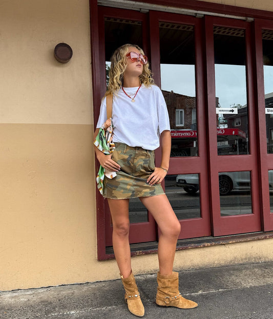 RAW EDGE CAMO SKIRT- CAMO | BASSIKE |  BASSIKE RAW EDGE CAMO SKIRT- CAMO