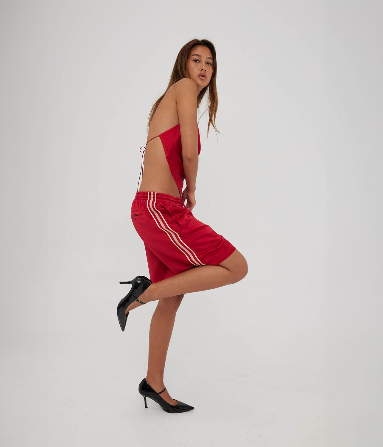 SATIN GEO SHORT- RED | SOMETHING VERY SPECIAL |  SOMETHING VERY SPECIAL SATIN GEO BASKETBALL SHORT- RED