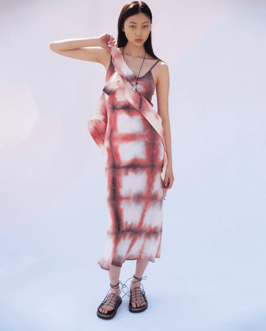 SILK SLIP DRESS PEACH CHECK | LUUDA LUUDA SILK SLIP DRESS PEACH CHECK