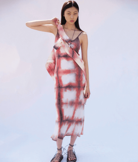 SILK SLIP DRESS PEACH CHECK | LUUDA LUUDA SILK SLIP DRESS PEACH CHECK