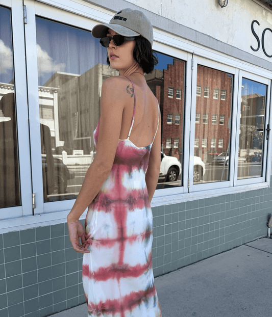 SILK SLIP DRESS PEACH CHECK | LUUDA LUUDA SILK SLIP DRESS PEACH CHECK