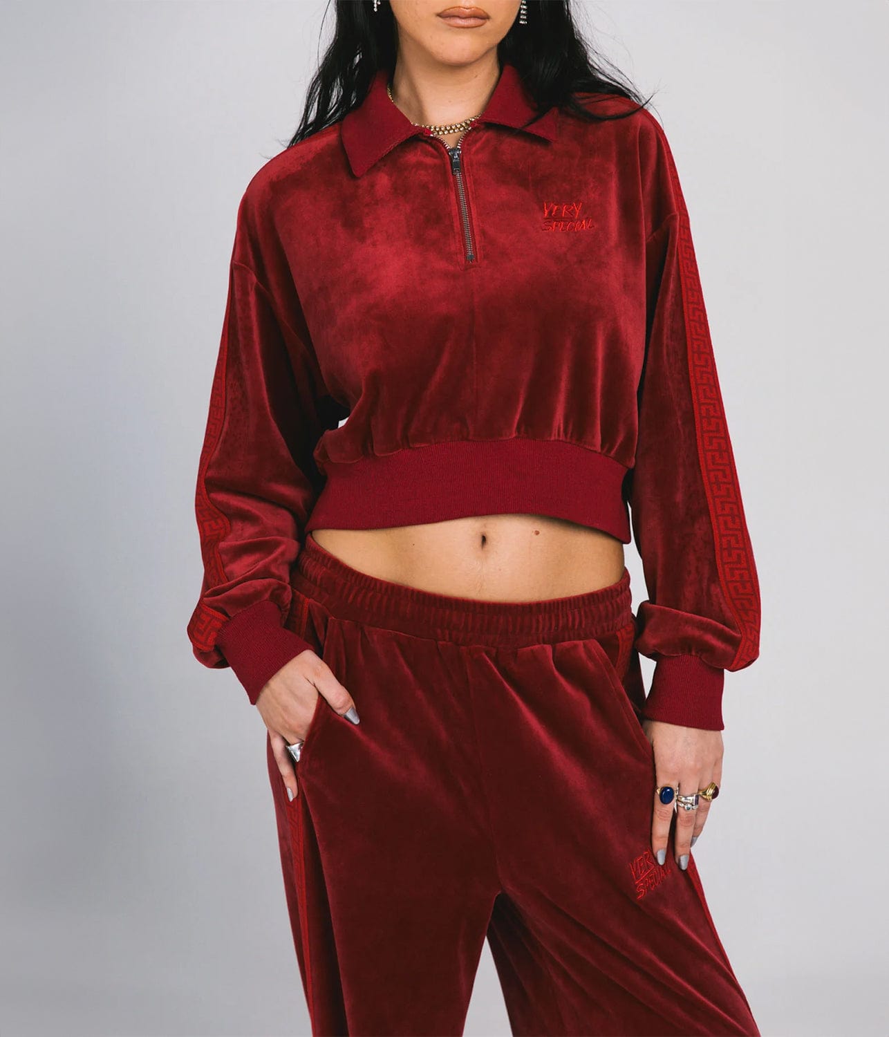 VELOUR ZIP CROP JACKET RED SOMETHING VERY SPECIAL FOR ARTISTS ONLY