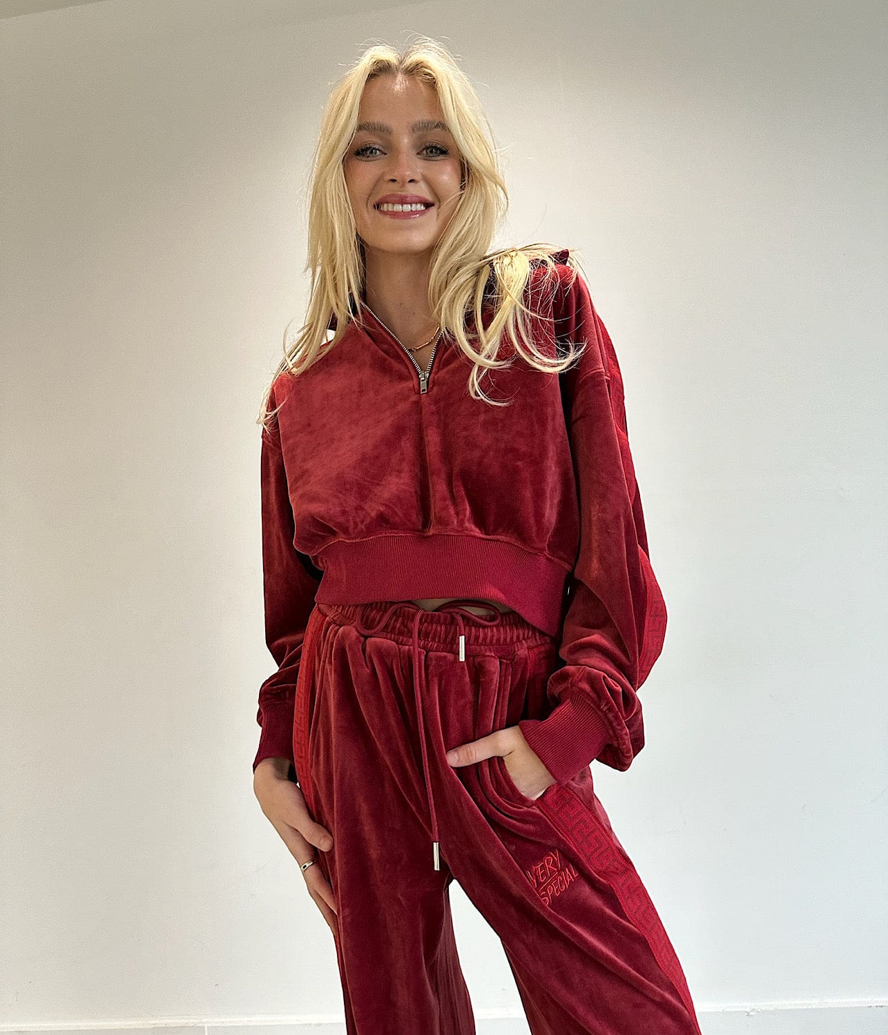 VELOUR ZIP CROP JACKET- RED | SOMETHING VERY SPECIAL |  SOMETHING VERY SPECIAL VELOUR ZIP CROP JACKET- RED