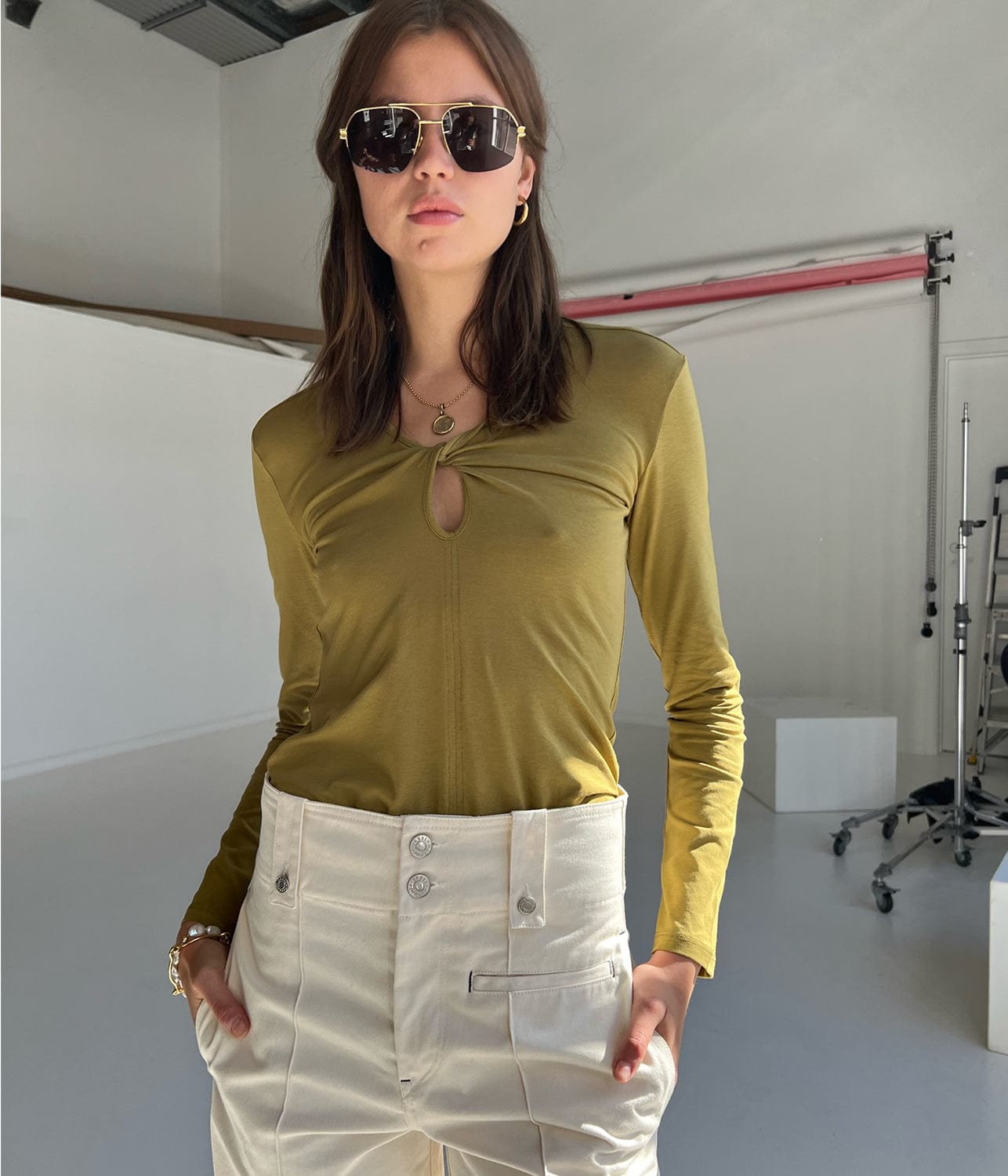 JERSEY KEYHOLE TOP-OLIVE | PROENZA SCHOULER WHITE LABEL |  PROENZA SCHOULER WHITE LABEL JERSEY KEYHOLE TOP-OLIVE