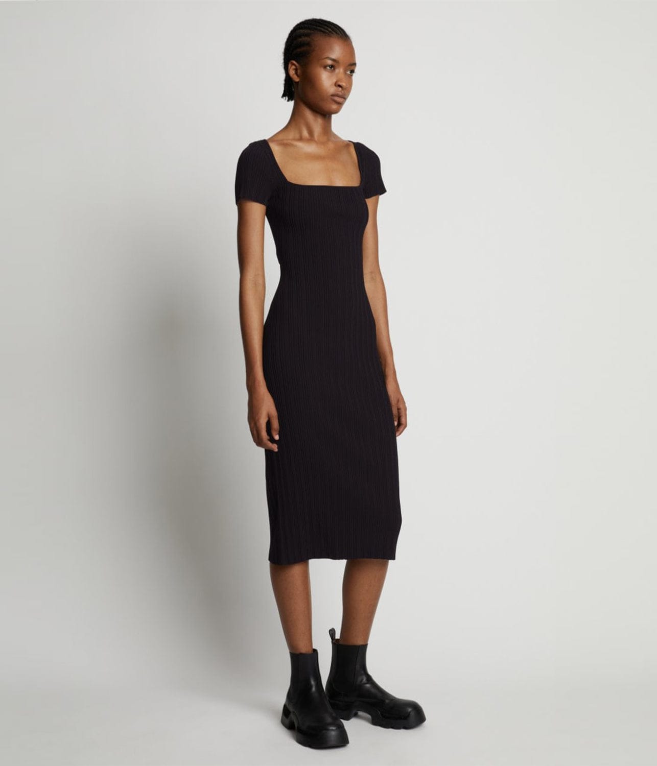 RIB KNIT SHORT SLEEVE DRESS- BLACK | PROENZA SCHOULER WHITE LABEL | PROENZA SCHOULER WHITE LABEL RIB KNIT SHORT SLEEVE DRESS- BLACK