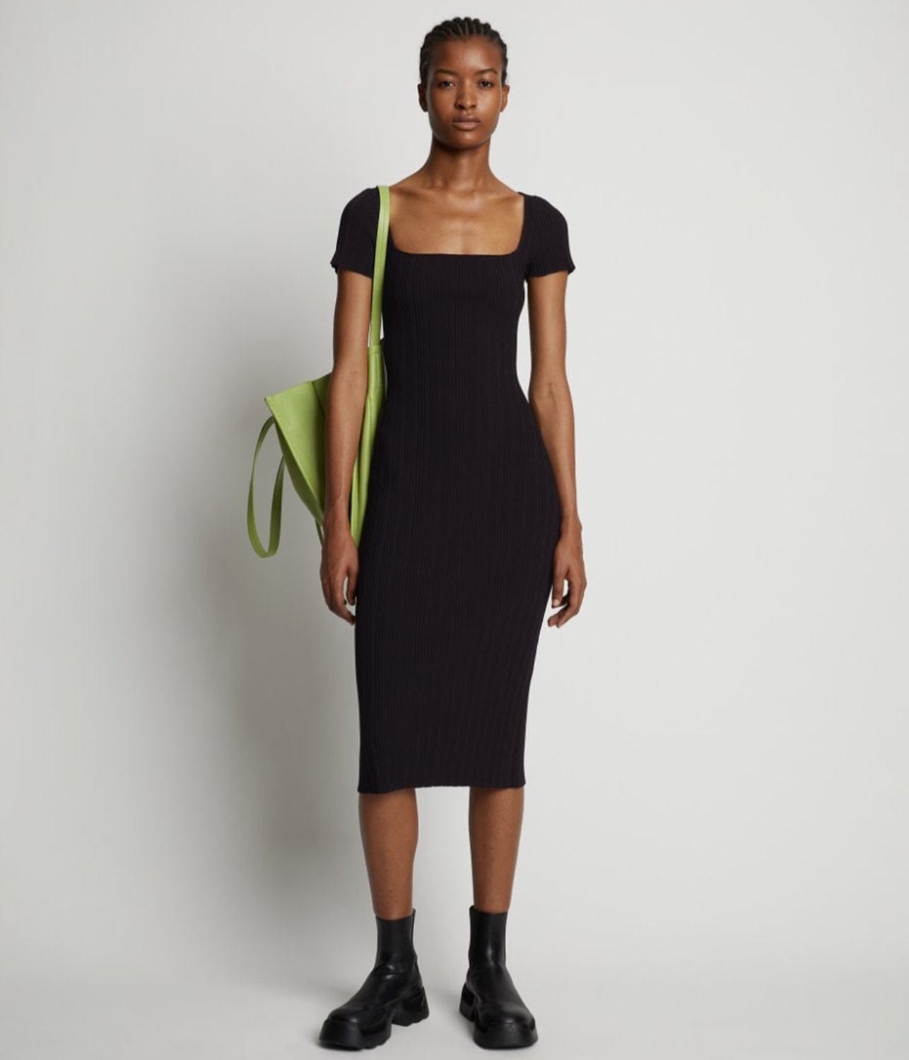 RIB KNIT SHORT SLEEVE DRESS- BLACK | PROENZA SCHOULER WHITE LABEL | PROENZA SCHOULER WHITE LABEL RIB KNIT SHORT SLEEVE DRESS- BLACK