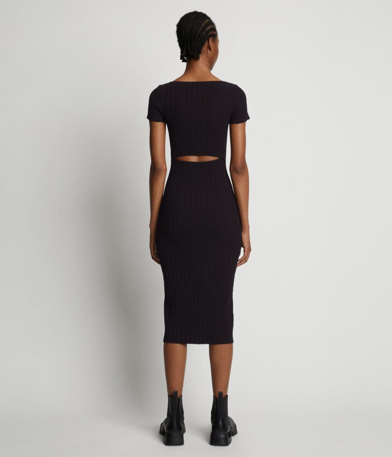 RIB KNIT SHORT SLEEVE DRESS- BLACK | PROENZA SCHOULER WHITE LABEL | PROENZA SCHOULER WHITE LABEL RIB KNIT SHORT SLEEVE DRESS- BLACK